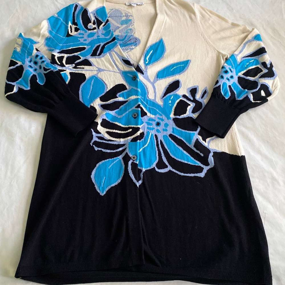 Chico's Open Front Long Cardigan Women's Medium Floral Multicolor Preppy Classic